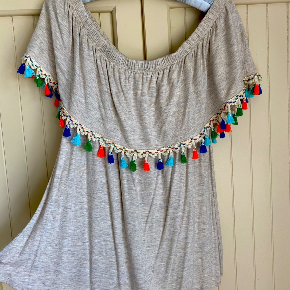 On or off shoulder fun tassel embellished top